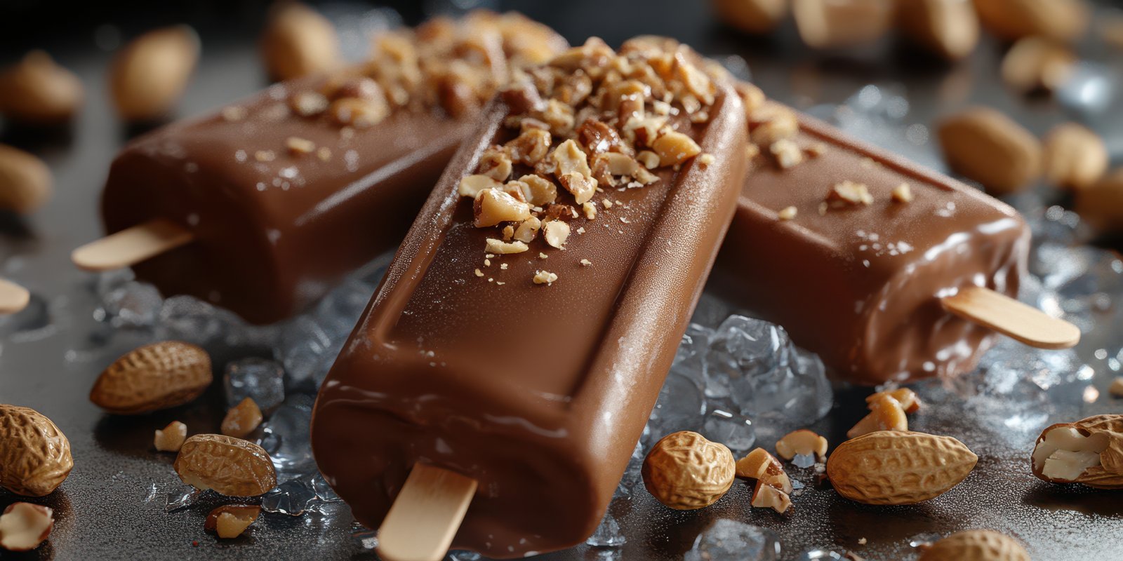Chocolate ice cream bars with crunchy toppings on ice in a dessert arrangement